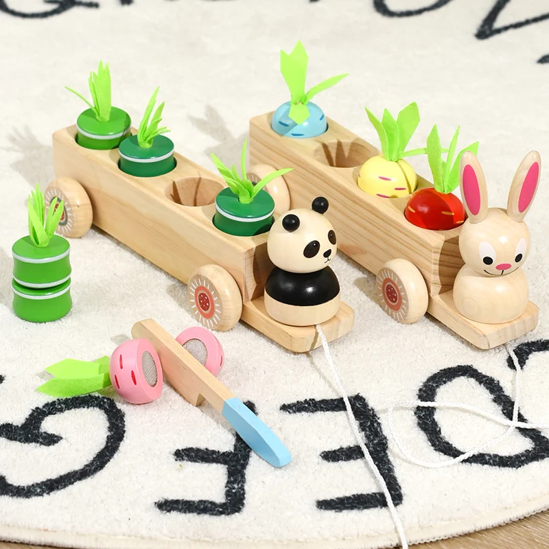 Voiture de traction de lapin en bois avec carottes extractibles, jouet carottes colorées peuvent être extractibles, les enfants se trouveront jouent avec la traction