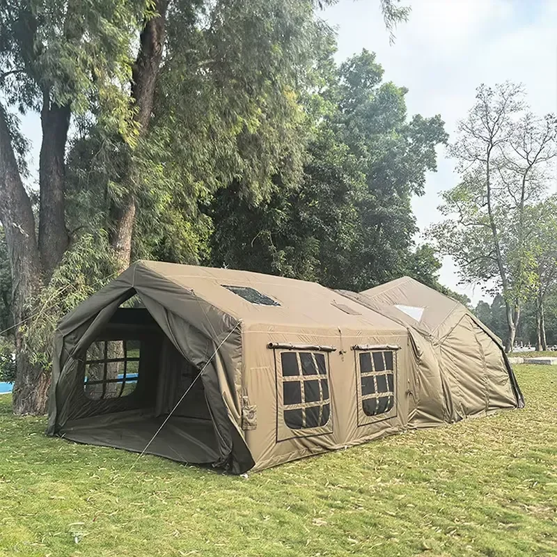 Khaki Outdoor Waterproof 12-Person Family Tent PVC and Canvas with Mesh Two Bedrooms for Summer Glamping Inflatable Camping