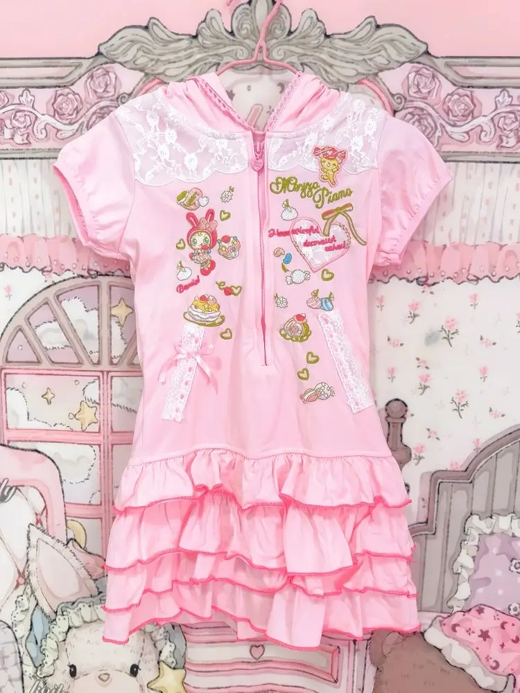 Japanese Cute Cartoon Mp Embroidery Sweet Girl Daughter Clothing Summer New Short Sleeve Zip Up Hooded Skirt Y2k Mini Skirt
