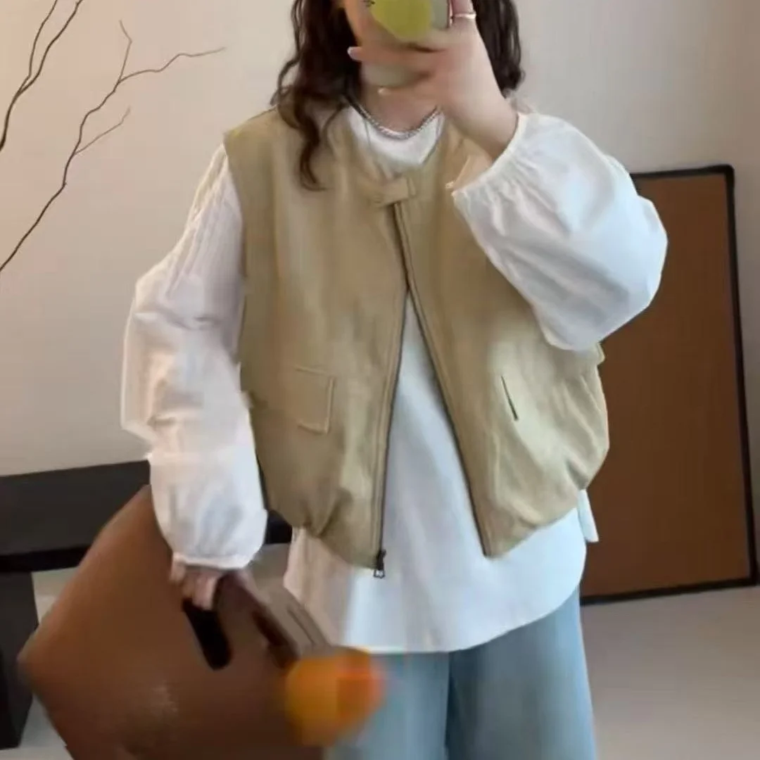 Faionable Japanese Sle Loose Slimming Leather Zipper Vest Top Svel Versatile Outerwear S2 round Ne Commute