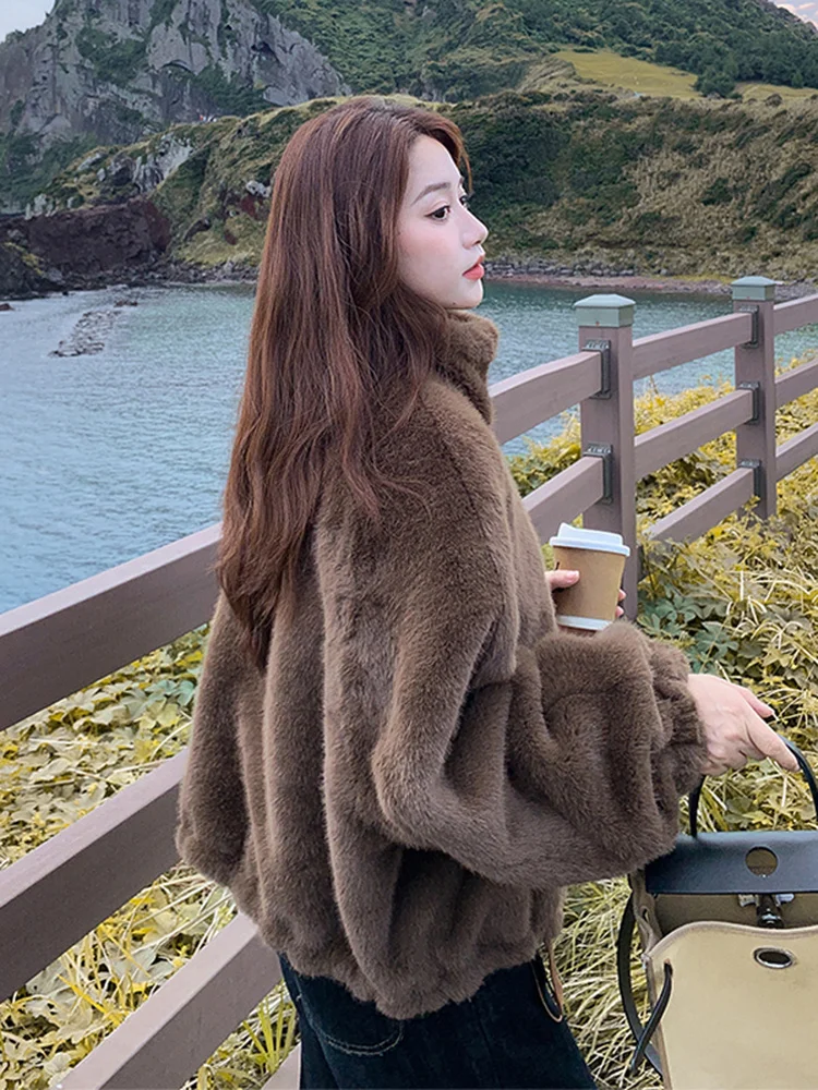 Karmelowa Dwustronna Kurtka Skórzana z Futrem, Wykończona Jagnięcym Futrem, Damska, Jesień Zima 2025, Nowa, Ocieplana, Ciepła Bluzka