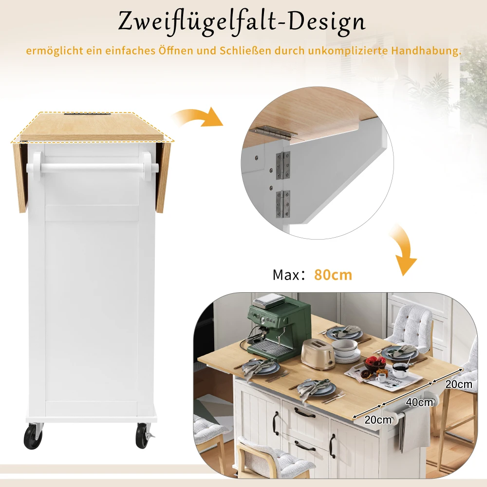 Kücheninsel mit Rollen, abnehmbarem Esstisch, mit Schubladen und Handtuchhalter, mobiler Küchenwagen mit Steckdosenstangen – Detail 30