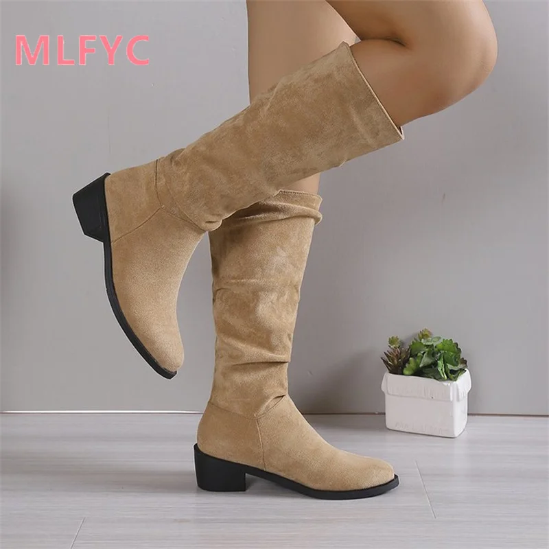 Female Knight Boots Women Vintage Suede Thick Heel Round Head High Barrel Boots khaki Pleated Stacked European American Boots