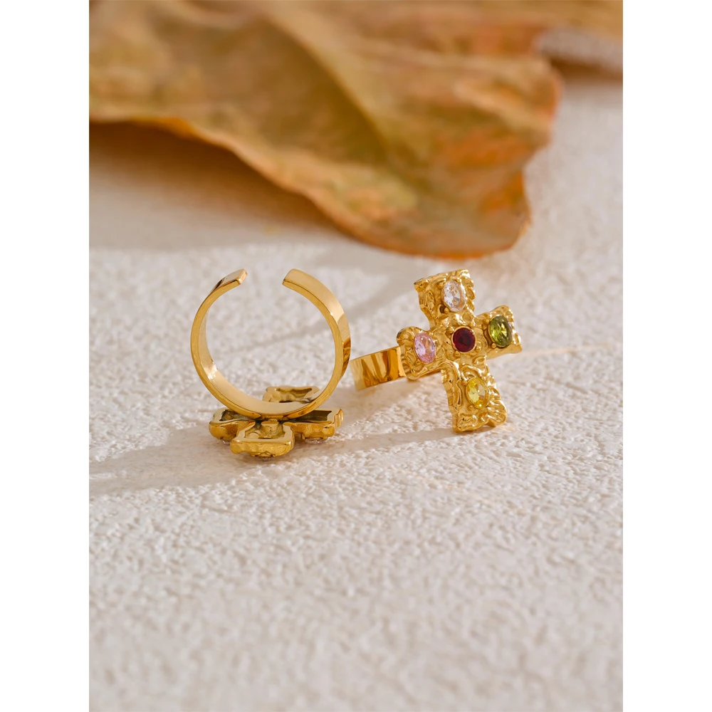 Yhpup Vintage Colorful Cubic Zirconia Cross Open Adjustable Golden Ring Stainless Steel PVD Plated Trending Finger Jewelry Gift