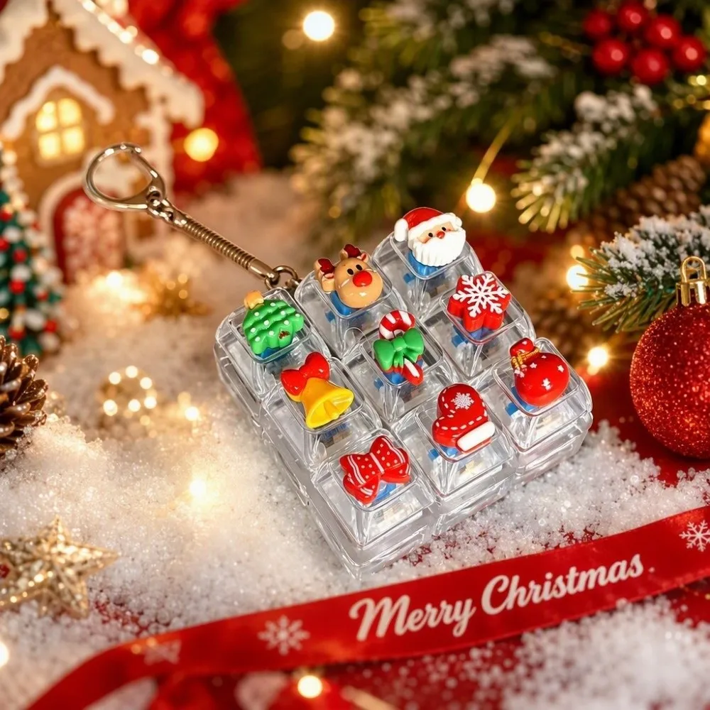 9-Key Christmas Keyboard Keychain Christmas Tree Snowman Square Fidget Keychain Cute Elk Button Decompression Hanging Charm