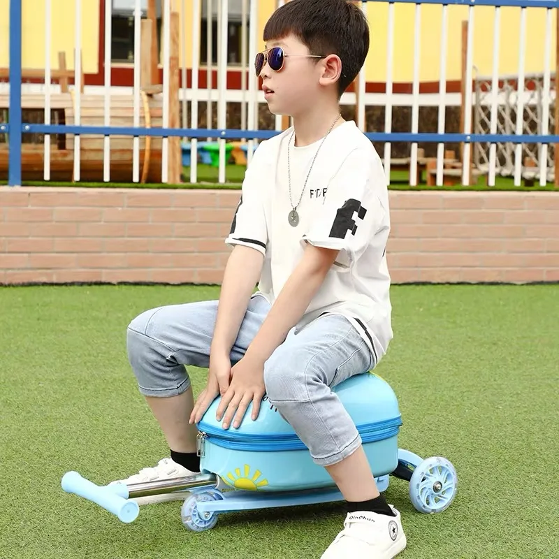 Cute Cartoon kids scooter suitcase on wheels Lazy trolley bag children carry on cabin travel rolling luggage Skateboard bag gift