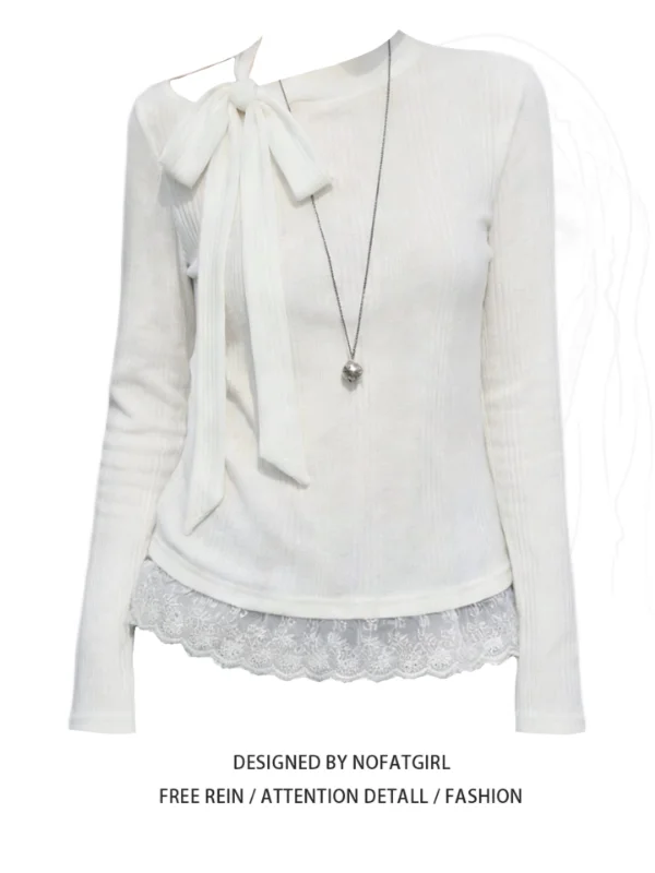 

Женская кружевная футболка больших размеров с узлом, корейский стиль, для повседневной носки, зимняя, с длинным рукавом, утягивающая, для коррекции фигуры