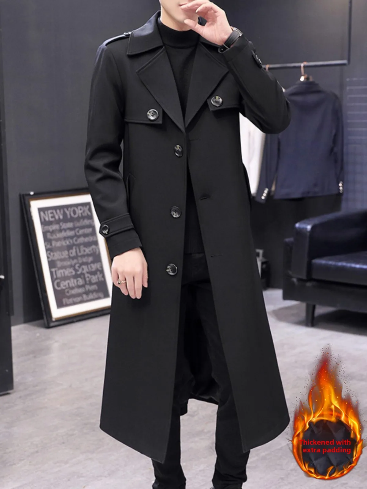 

Мужское демисезонное пальто средней длины, повседневное, утепленное, с отложным воротником, длинное, ниже колена, в корейском стиле, для отдыха, из полиэфирного волокна