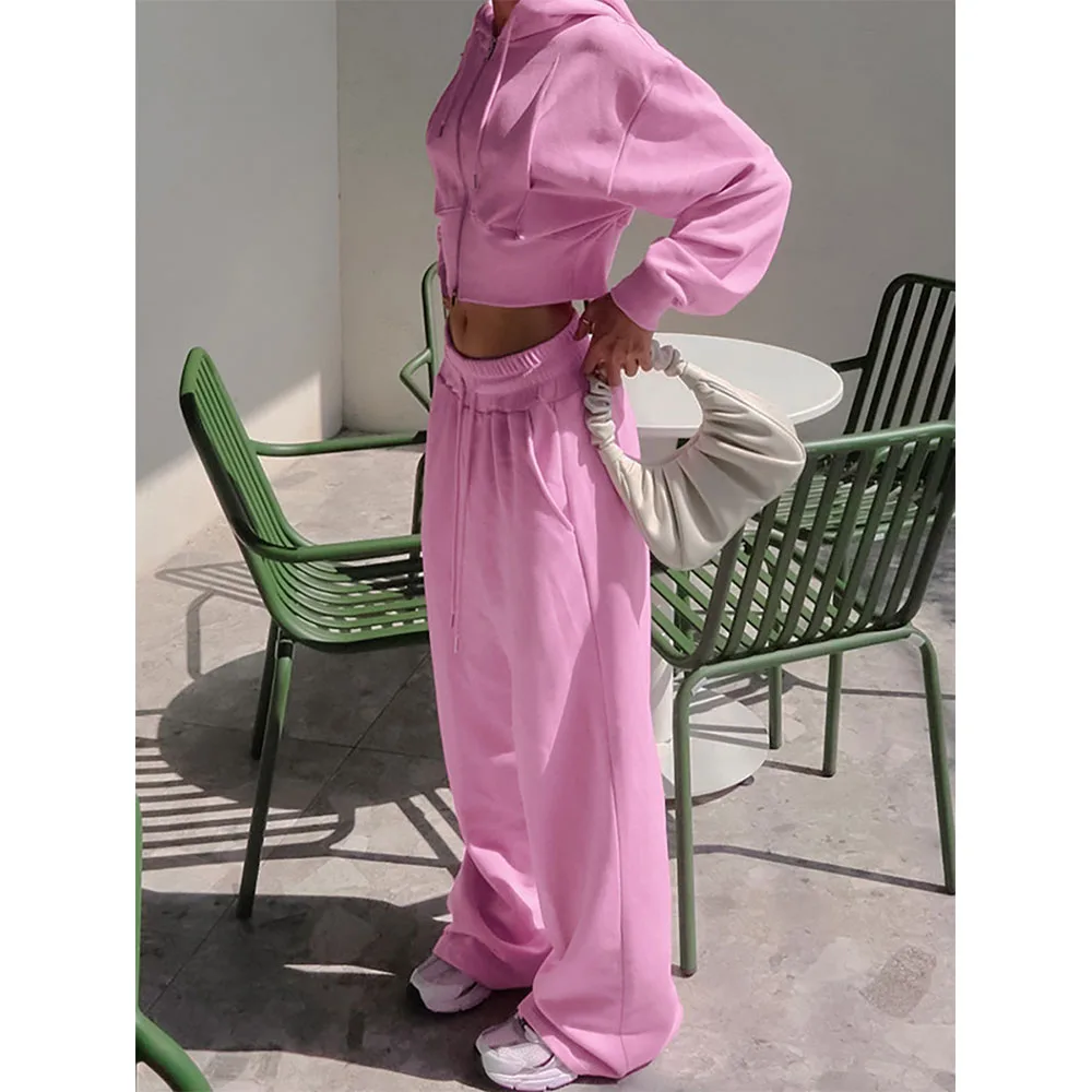 Women\'s Pink Tracksuits Solid Thin Fleece Long Sleeve Hooded Short Jacket+High Waist Wide Leg Pants 2pcs Female Casual Clothing