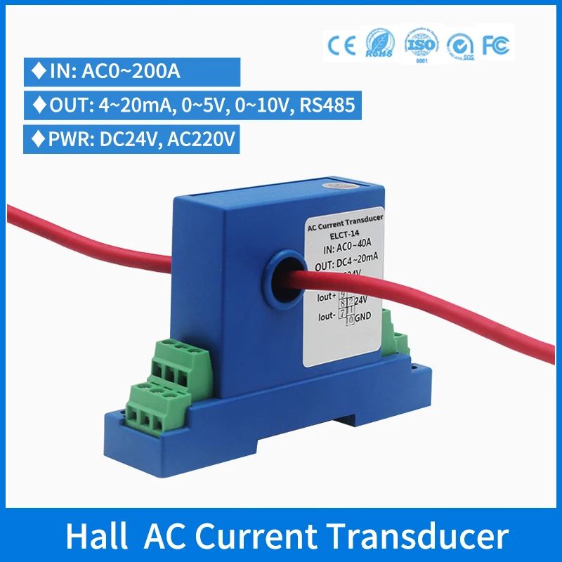 

0-200A AC Current Transmitter Closed Hall Effect Current Transducer with Analog Output 4-20ma 0-10v 0-5v CT for AC Current