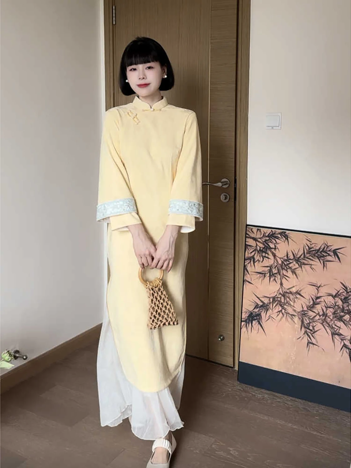 new-2025-yellow-slimming-chinese-sle-dr-ort-women's-long-qipao-daily-low-slit-warmth-long-sve-mid-length-skirt
