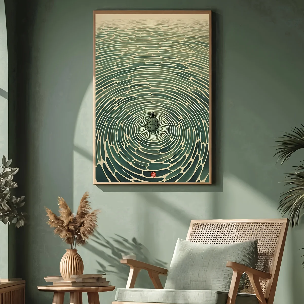 2D Flat Japanese Minimalist Turtle Canvas Art Poster Unframed Green Zen Style Canvas Painting for Living Room Bedroom Decoration