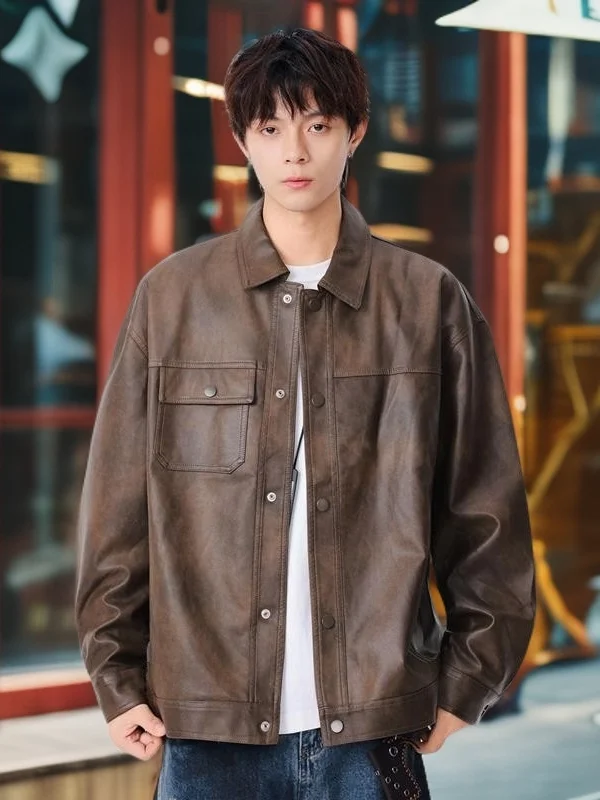 

Мужская рабочая одежда в стиле ретро, тюнет, осень-зима, модное кожаное пальто, воротник-стойка, декор на пуговицах, подставка для повседневной носки, нейлоновое волокно