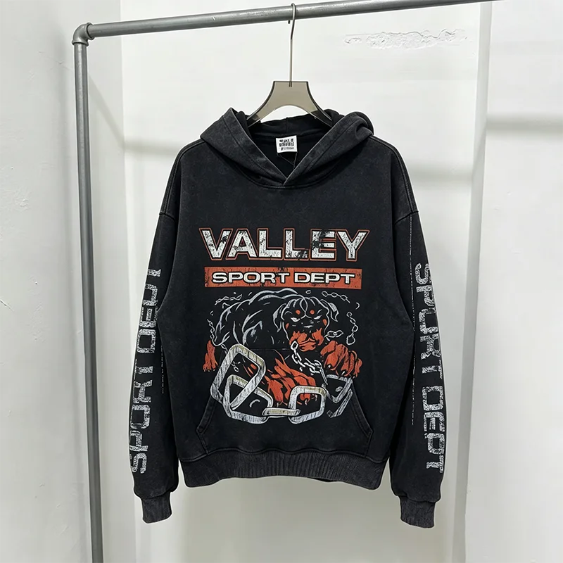 VALLEY Unisex Washed Hoodie Vintage Monster Chain VALLEY SPORT DEPT Graphic Long Sleeve Pullover Streetwear Hooded Sweatshirt