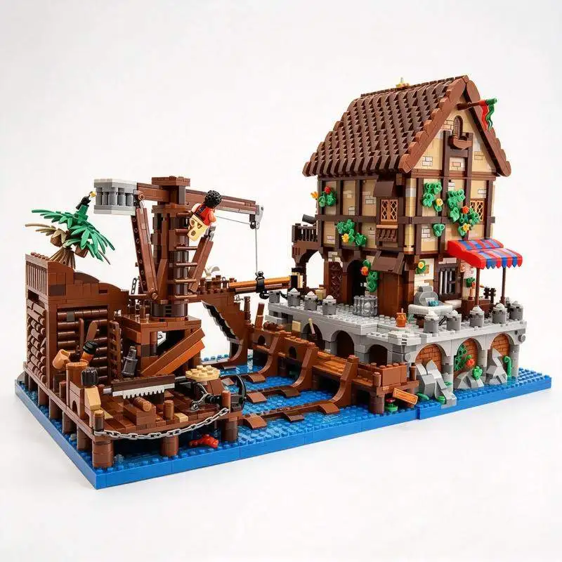 8993PCS Waterfront Shipyard Building Blocks Harbor Town Street View Architecture Model Custom Puzzle DIY Creative Display Gift
