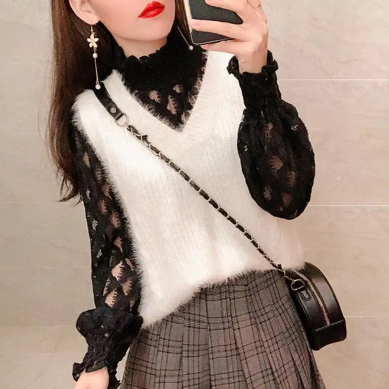 Fashion Stand Collar Spliced Hollow Out Gauze Blouses Female Clothing 2024 Autumn New Loose Sweet Tops Princess Sleeve Shirts