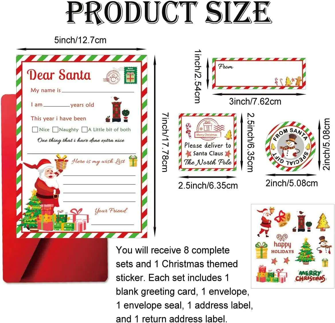 8 Set Official Letter to Santa Kit with Seals Address Labels 5x7 inch Christmas Wish List Cards with Red Envelopes Certificate