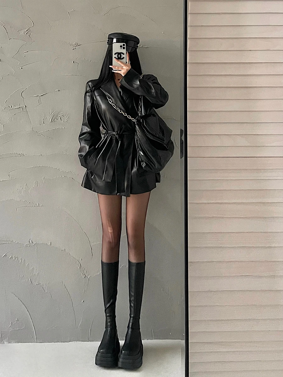 

Sli Motorcycle Jaet Women's Loose Waist-Cinching Lapel Long Sve Mid-Length PU Leather Coat Trendy Street Sle Outer...