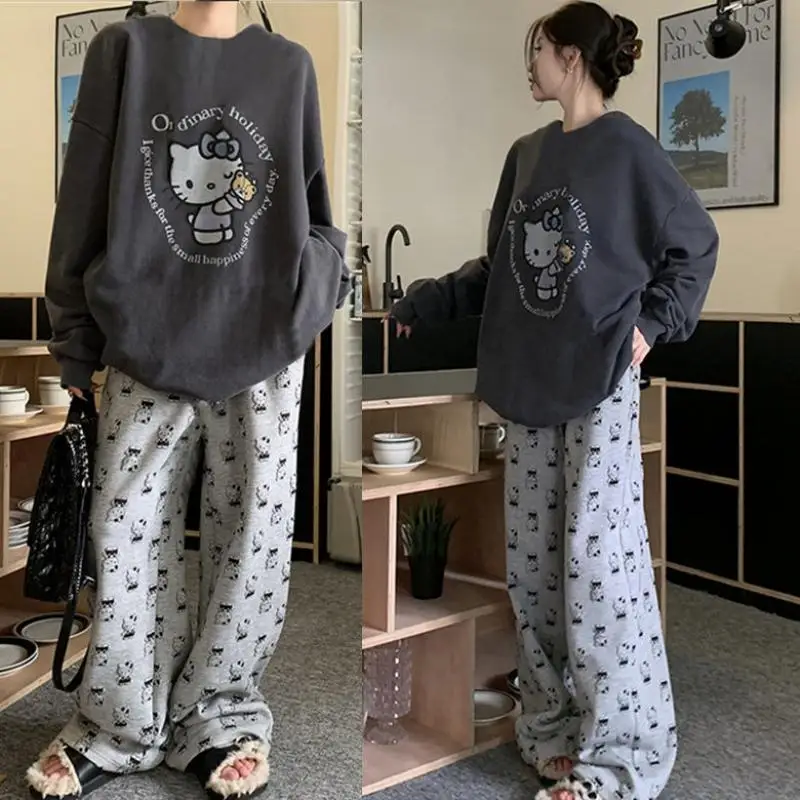 Sanrio Girl De Rong T-Shirt Trousers Pajama Set Winter Kawaii Hello Kitty Comic Round Neck Fashion Go Out Leisure Wear New Kit