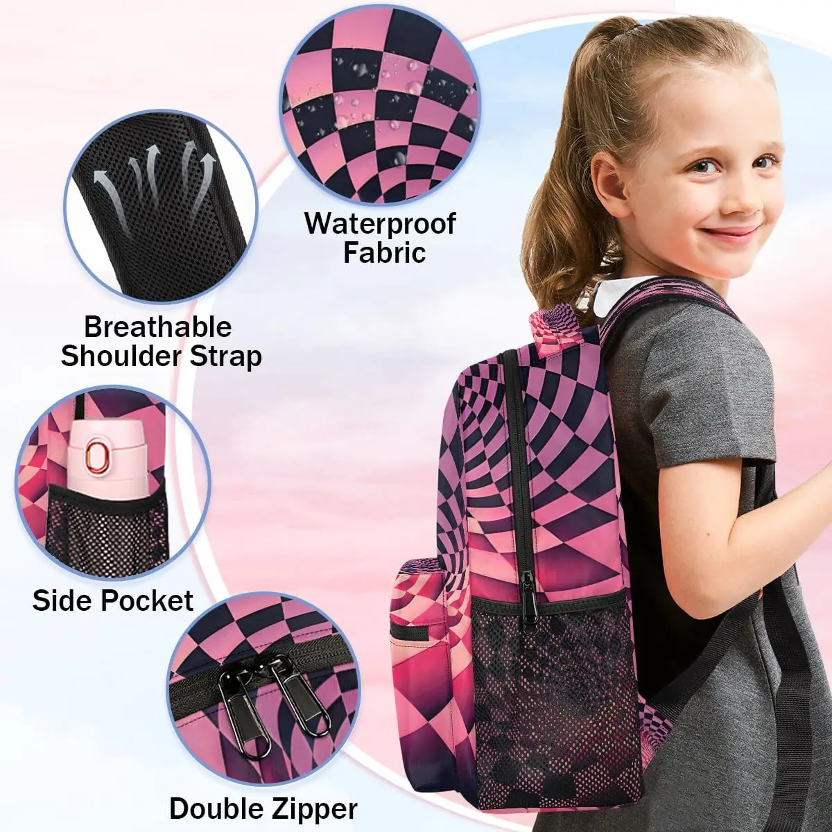 Black And Pink Checkerboard Travel Backpack 18 Inch For Women Men Water Resistant Shoulder Rucksack Daypack For Nurse Work