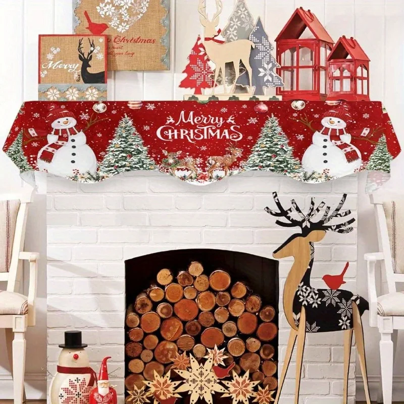 VIKAMA Christmas Fireplace Mantel Scarf Snowman Pine Reindeer Xmas Mantel Topper Winter Holiday Fireplace Hanging Home Decor