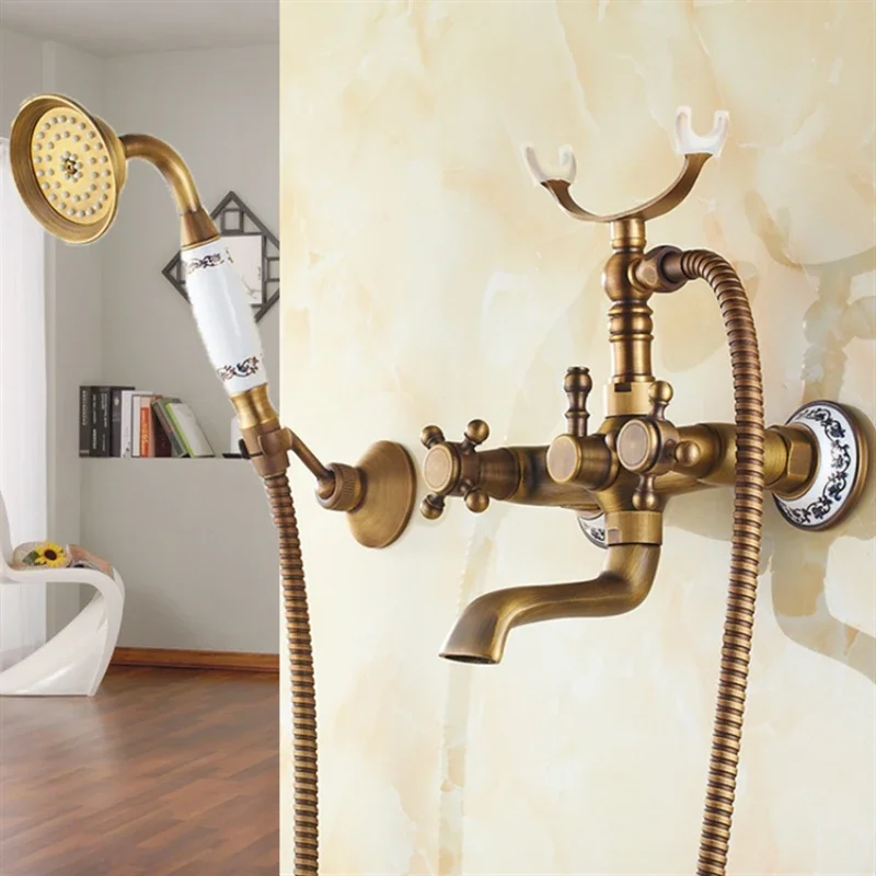 

Shower Faucets Antique Brushed Brass Bathroom Mixer Tap Dual Handle Porcelain Bathtub Shower Tap With Shower Holder YD-998