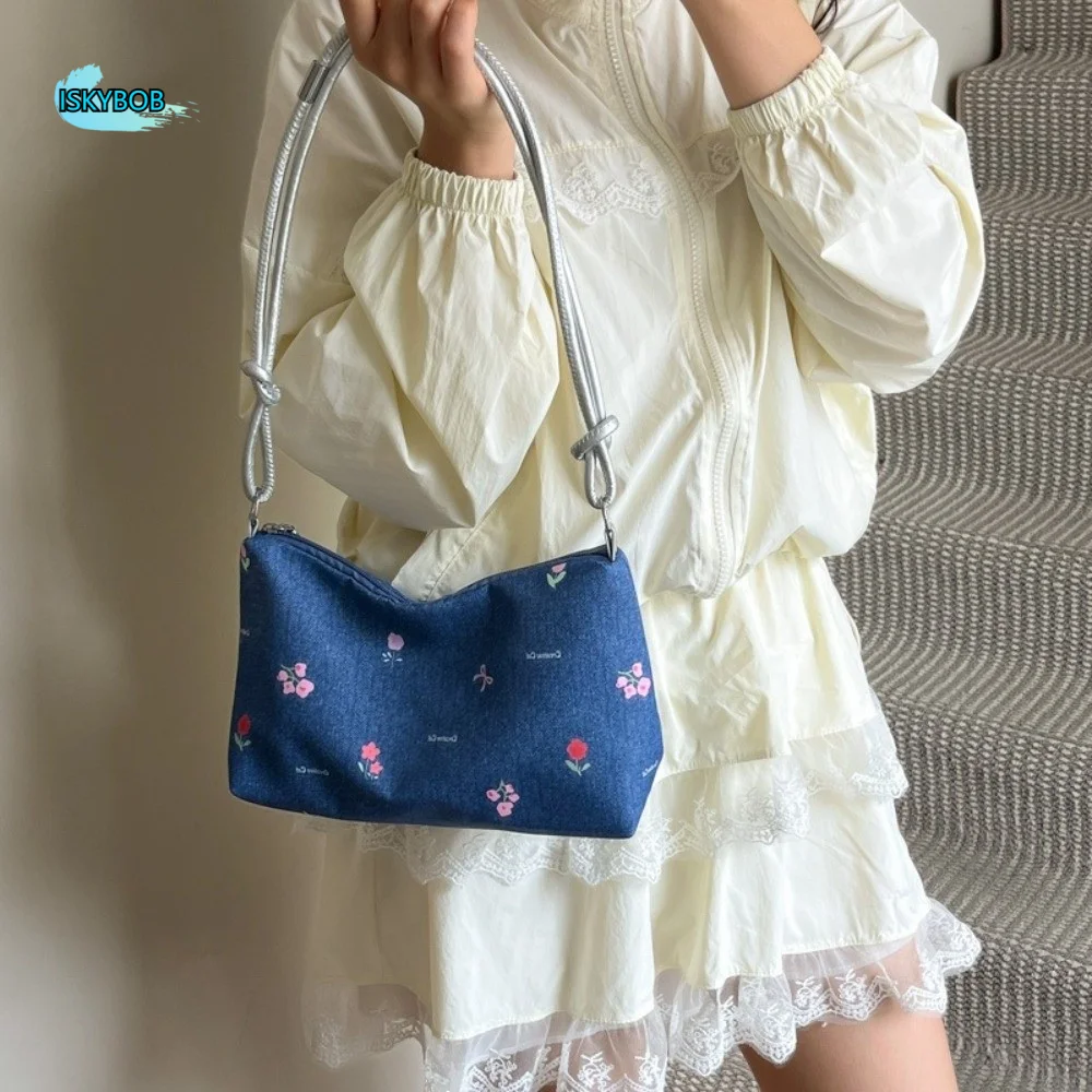 

Trendy Korean Bow Underarm Bag Blue Sweet Denim Shoulder Bag Zipper Versatile Women's Handbag Girls