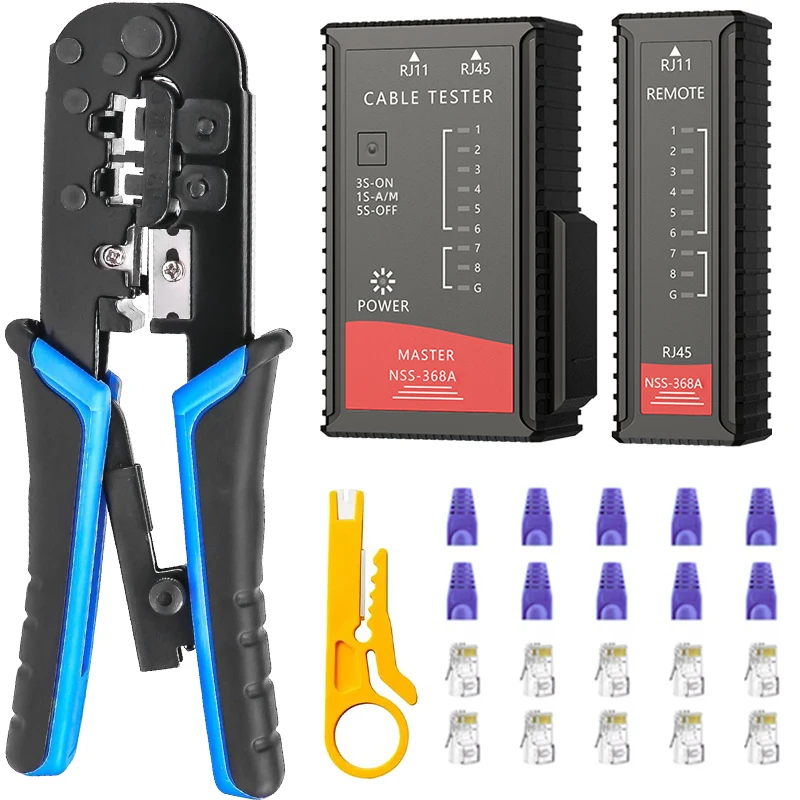 RJ45 Cat6 Crimping Tool Kit with RJ11/12/45 8P6P Network LAN Crimper Connectors and Covers Network Cable Tester Wire Stripper