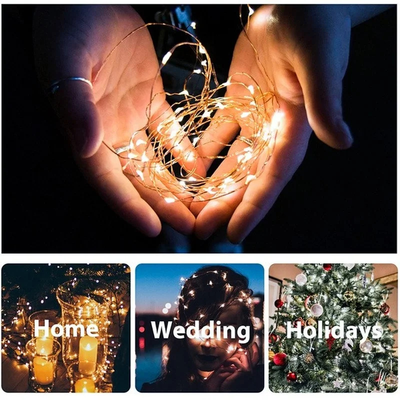 USB LED Copper Silver Wire String Lights, Luzes de fadas impermeáveis para o Natal, Decoração de festa de casamento, 30m