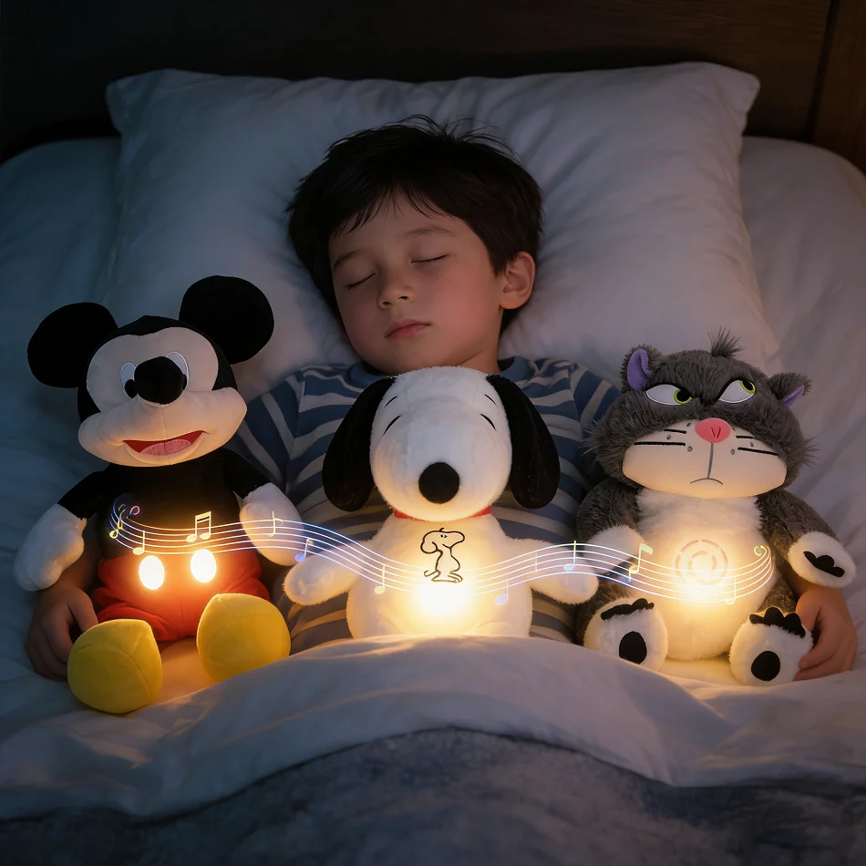 Poupées en peluche respirantes Disney Anime Mickey Mouse Snoopy, compagnons d'enfants, musique apaisante pour dormir, jouets lumineux pour dormir, cadeaux pour enfants