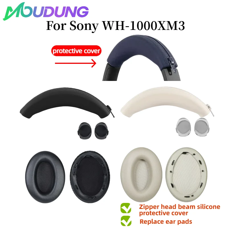 

MOUDUNG Replacement Protein skin memory sponge Earmuff Silicone zipper head beam protective cover for Sony WH-1000XM3 headphones