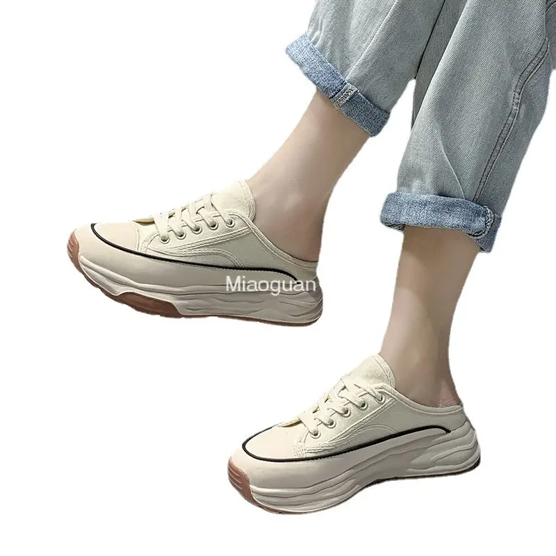 Ladies Slippers 2022 Summer Baotou Half Slippers Woman\'s Versatile Casual Lace Up Canvas Sports Slippers Platform Shoes Outside