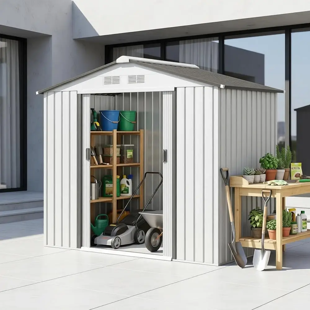 

Металлический садовый сарай 7' x 4' с комплектом для установки на фундаменте, запираемыми дверями, вентиляционными отверстиями и наклонной крышей для садового инвентаря, белый