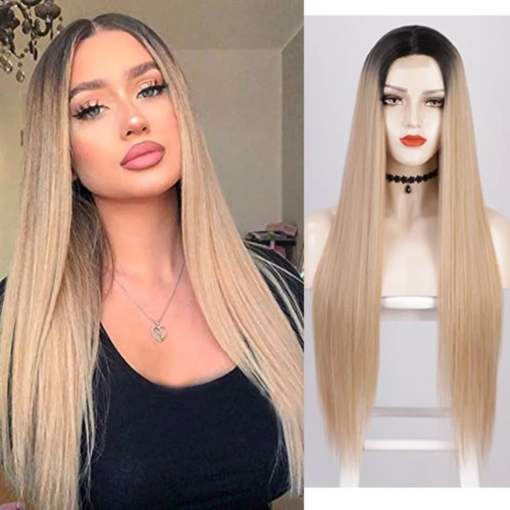 Lace Front Synthetic Wig in Small Cap, Long Straight Hair with Black to Gold Gradient for Flawless Look 28INCH 27/613 for Women