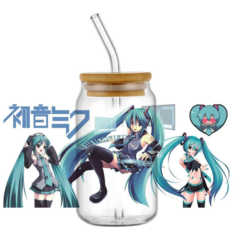 Hatsune Miku UV DTF Cup Wrap 16oz Uvdtf Bottle Glass DIY Selfadhesive Washable Transfer Stickers Durable Glass Car Decals view 6