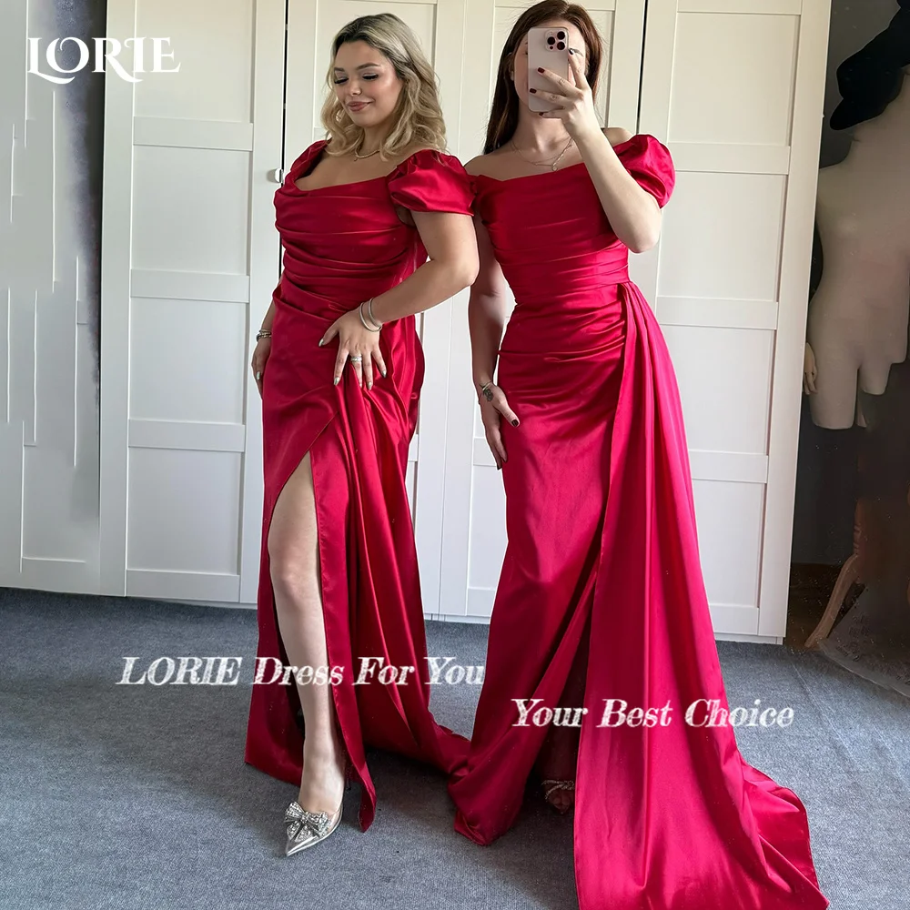 LORIE Elegant Slit Bridesmaid Dresses Red Mermaid Backless Pleats Beach Bridal Gown Off Shpulder Pleats Customized Bride Dress