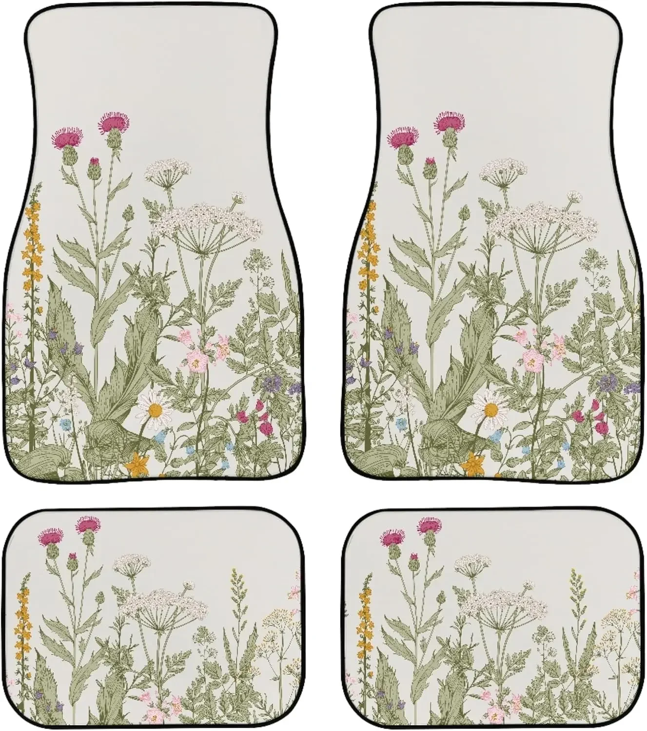 

Vintage Wildflower Car Floor Mats Universal Retro Botanical Floral Flower Plant Herbs Sage Green Leaves Floor Mats