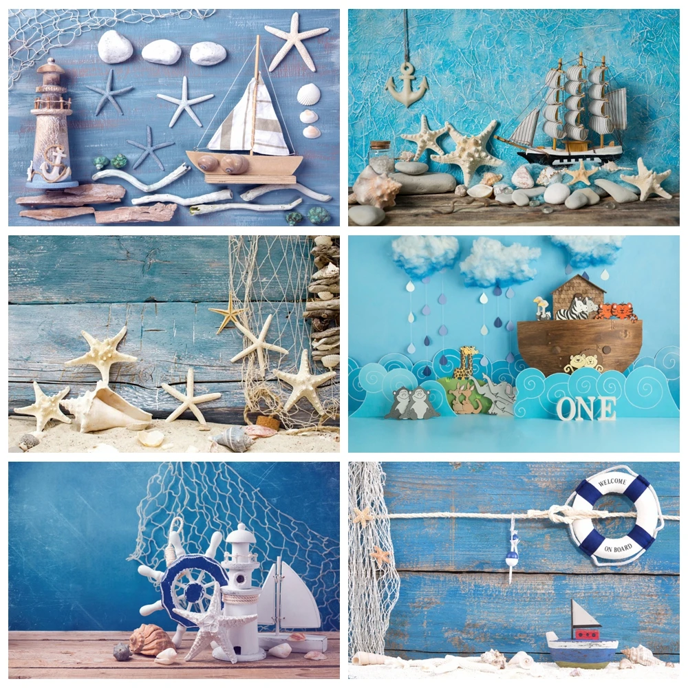 

Nautical Starfish Sea Theme Birthday Backdrop Photography Baby Shower Sailboat Rudder Wooden Board Background Decor Photo Studio