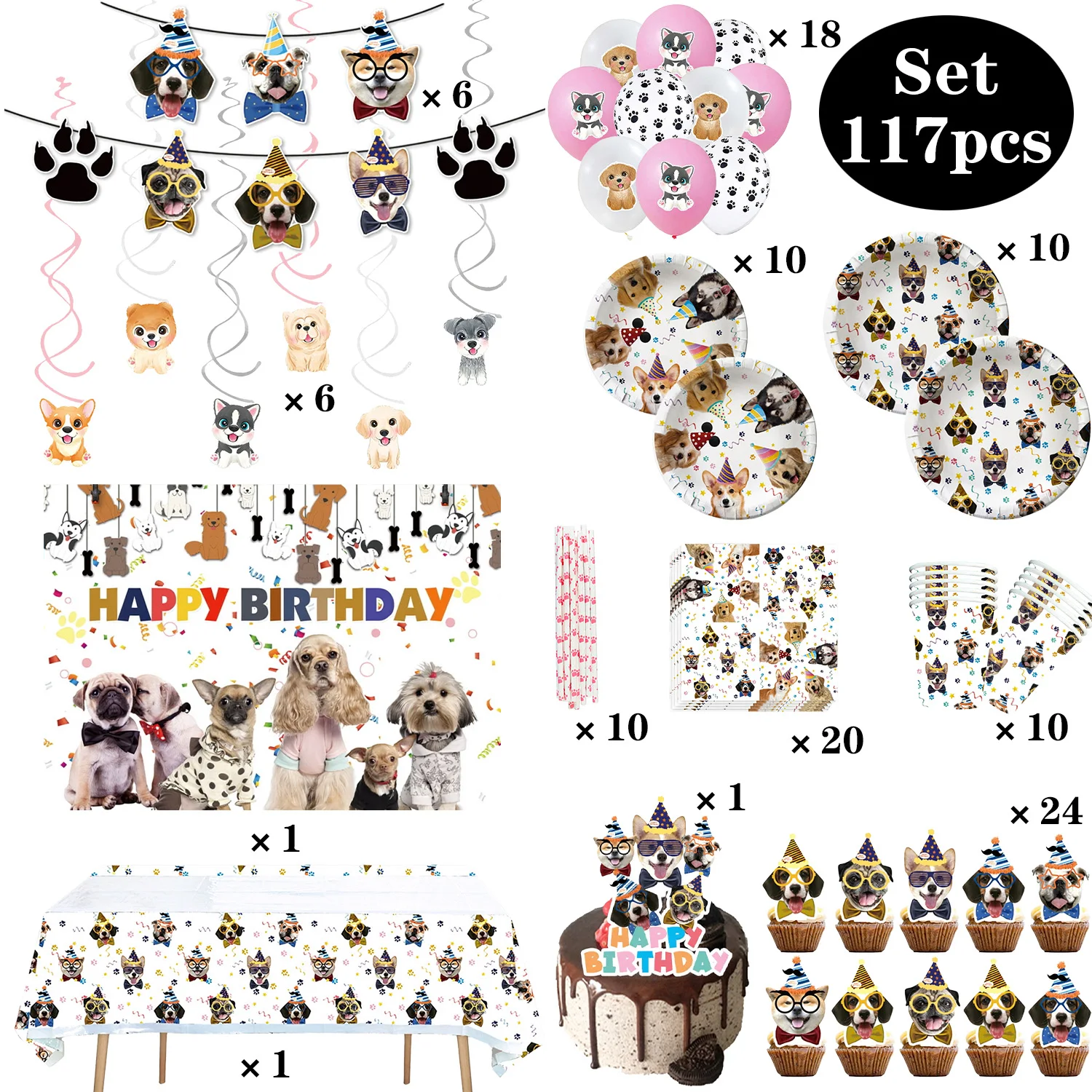 Pet Dog Party Plates Cup Napkin Tableware Set Puppy Dog Themed Birthday Party Decoration Banner Balloon Supplies