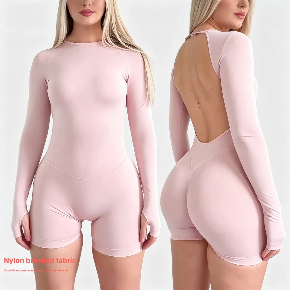 Denyf New-Women Activewear Bodysuit One Piece Backless Long Sleeve Short Leggings Seamless High Stretch for Yoga Run Gym Fitness image 6
