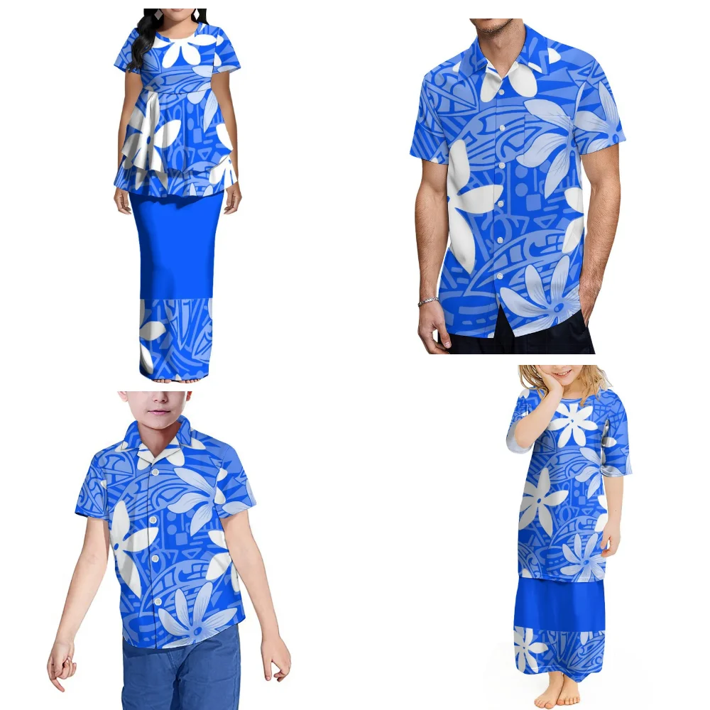 Fashionable Floral Print Women'S Puletasi Round-Neck Short-Sleeved Suit Dress Polynesian Custom-Made Men'S Shirt Family Outfit