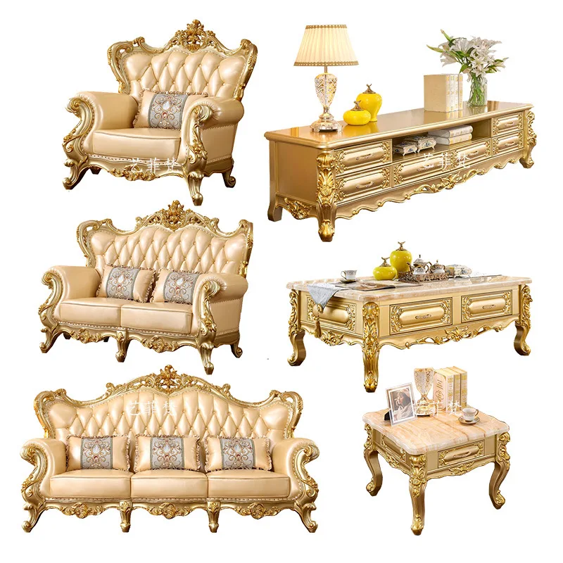 

European luxury leather sofa, a complete set of high-end luxury European and American combination whole house set, living