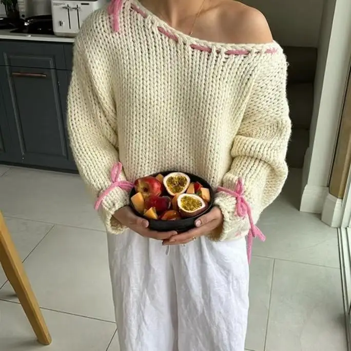 

Handmade Loose Knitted Color Sweater Overhead Sle Comfortable Fit Spring Autumn Women's Faion round Ne Long Sve