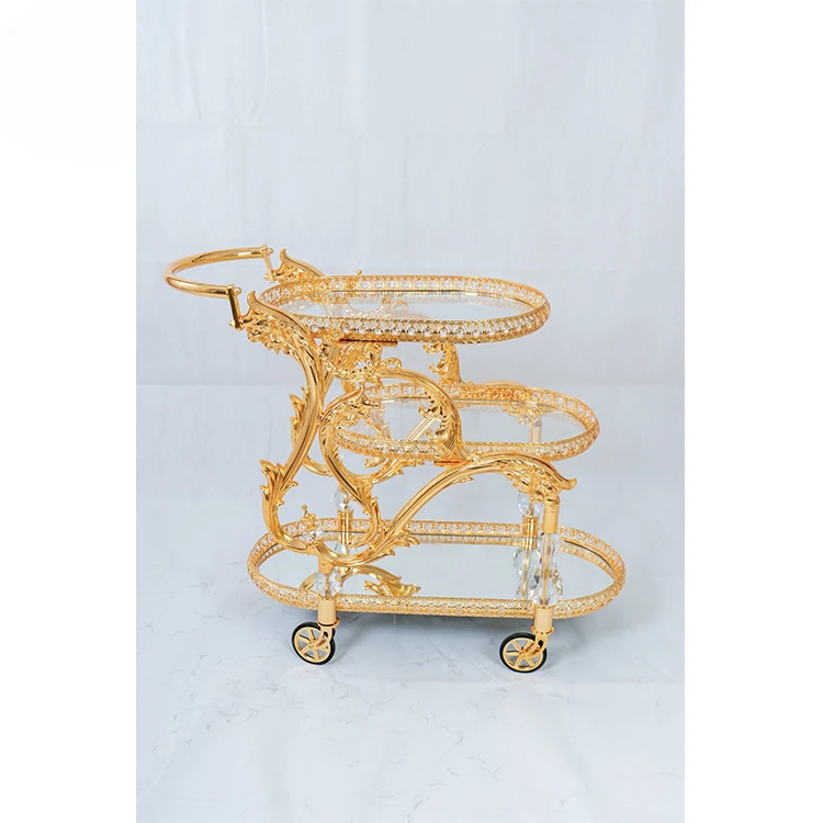 Custom Wholesale Exquisite Luxury Three Layers Transparent Gold Acrylic Bar Cart