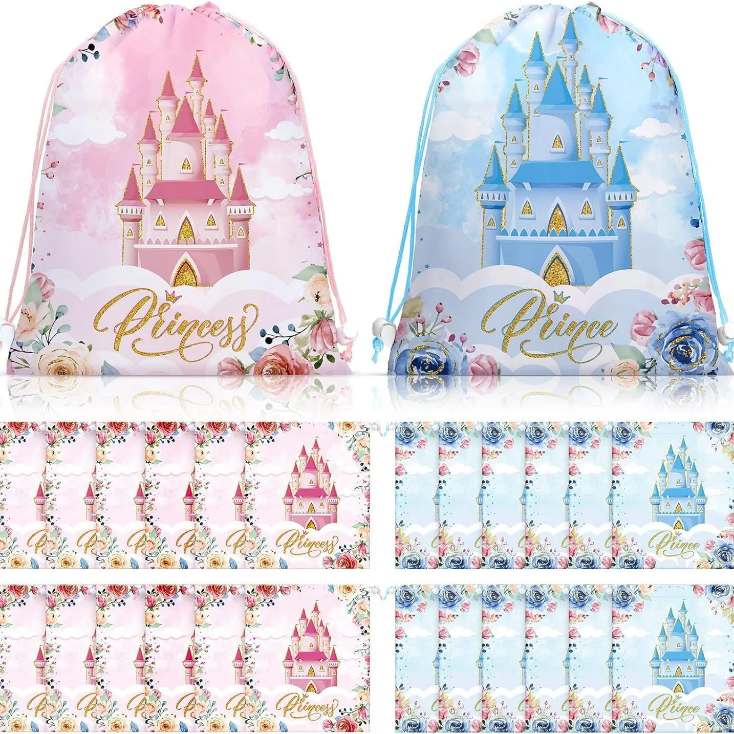 Princess Party Favor Bags Princess Goodie Drawstring Bags Pink Blue Castle Gift Pack for Birthday Baby Shower Decoration Supplie