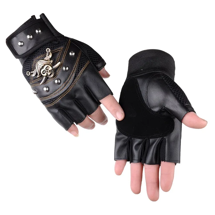 Pirate Captain PU Leather Fingerless Gloves Men Women Skulls Rivet Mitts Hip Hop Gym Gloves Female Moto Half Finger Men\'s Gloves