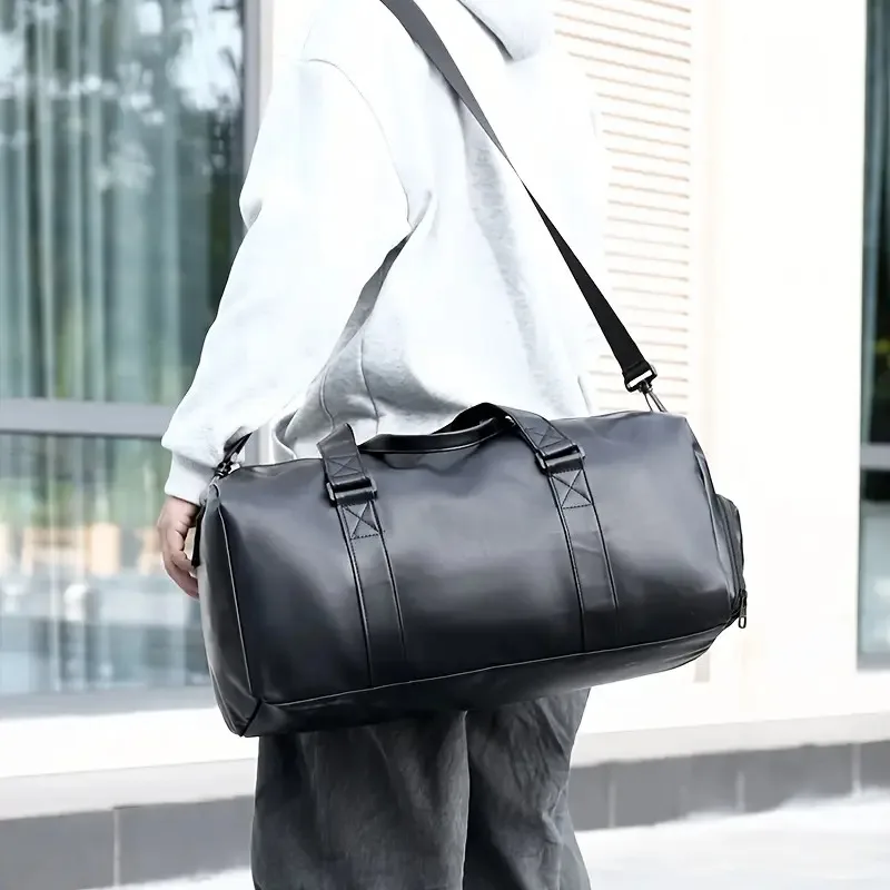 

1pc PU Leather Waterproof Handbag Training Fitness Bag Solid Color Dry And Wet Separation Pocket Short Travel Handbag