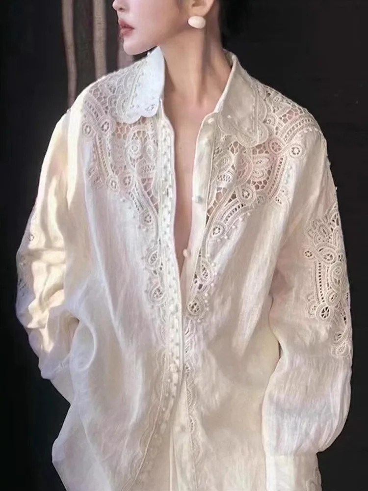 Women's Long Sleeve White Blouse Designer Shirt Hollow Loose Top Spring Summer Fashionable Casual Wear Temperament