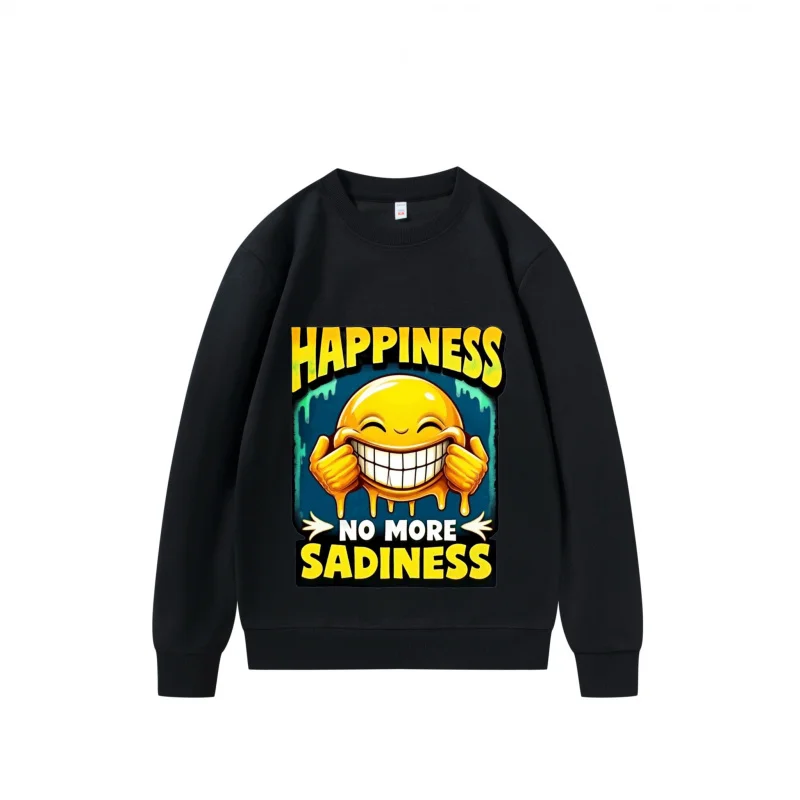 Men's Sweatshirt Black Emoji Face Happiness No More Sadness Print for Casual Wear