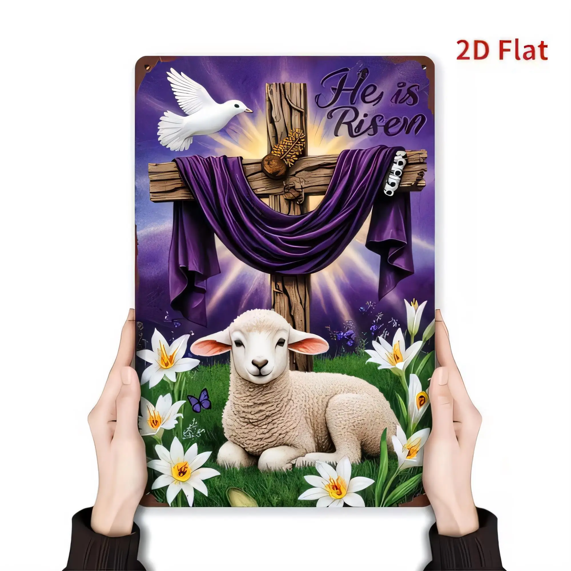 Tin Sign He Is Risen 2D Flat Religious Cross Wall Plaque Artwork Lamb Flowers Purple Sky Vintage Style Metal Poster for Church H